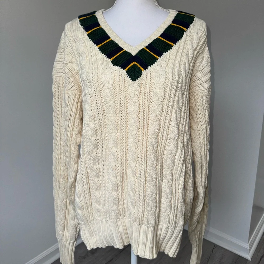 Polo Ralph Lauren‎ Cable Knit Cricket Sweater Cream Green Yellow Trim Varsity L